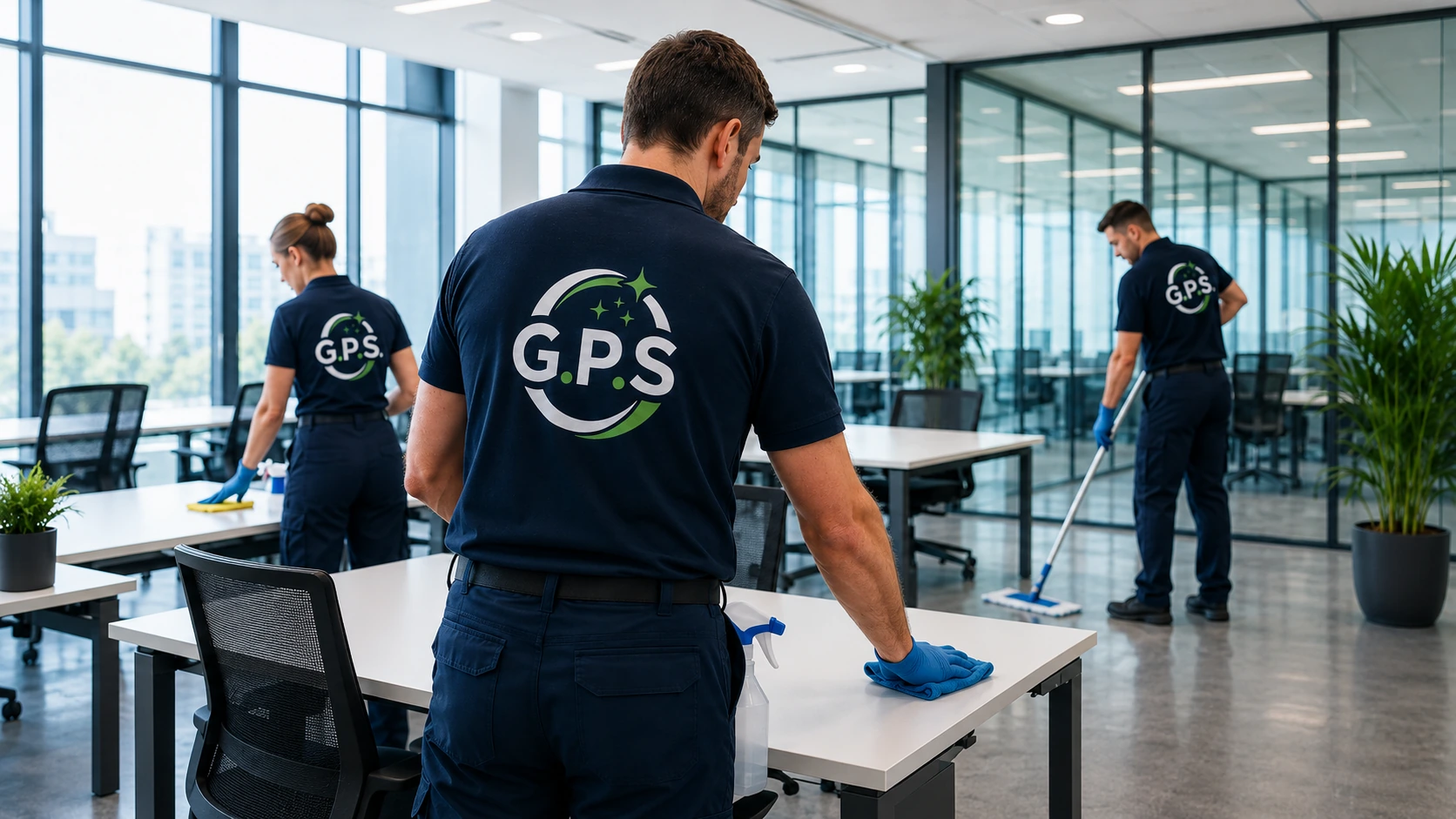 Équipe de propreté G.P.S. en intervention dans des bureaux modernes.