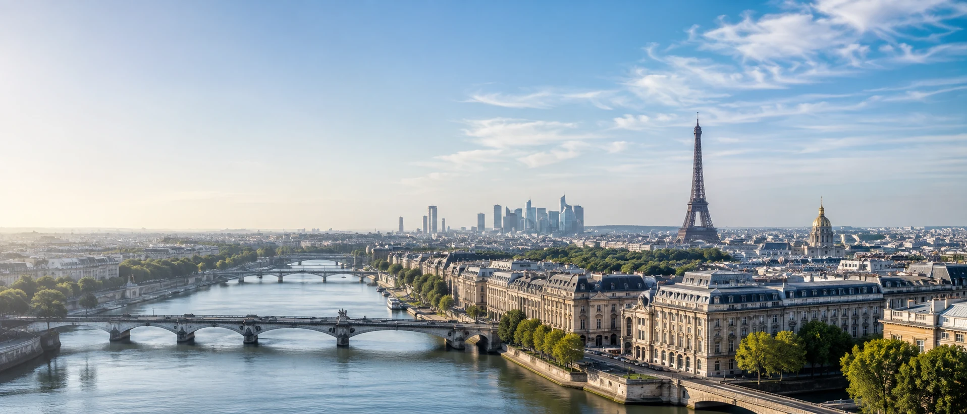 Panorama de l’Île-de-France avec la Seine, les ponts de Paris, la tour Eiffel et le paysage urbain francilien.